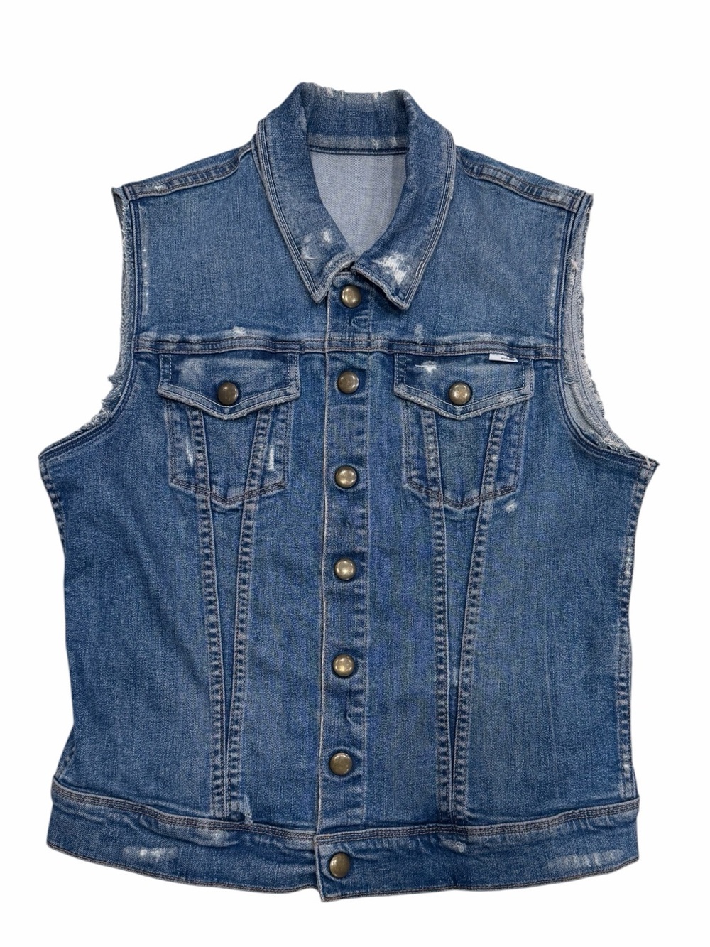 Mother Denim Vest Size M Distressed Embroidered Hand Patch Trucker Jacket